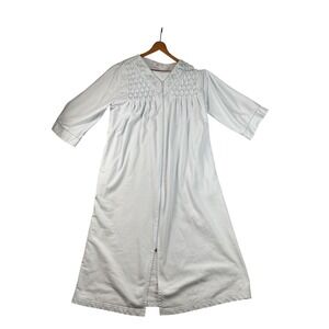 Miss Elaine Zip Front Robe Womens PL Blue Excellent Smocked Floral Nightgown